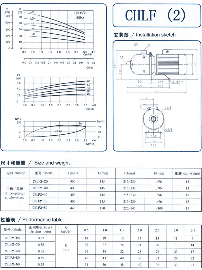 CHLF輕型不銹鋼多級(jí)離心泵尺寸和重量、性能表