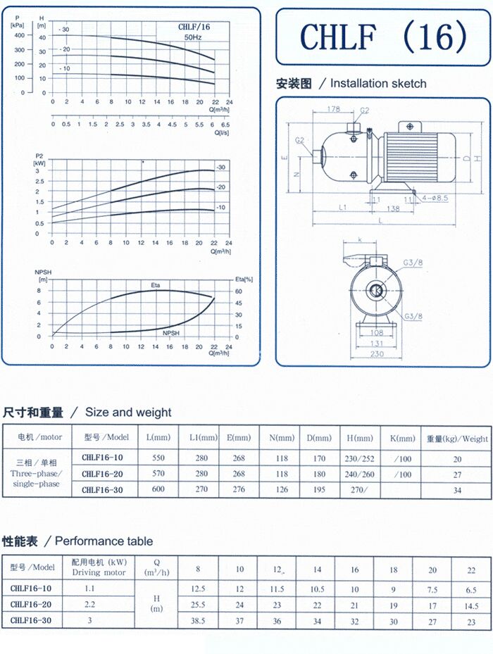 CHLF輕型不銹鋼多級(jí)離心泵尺寸和重量、性能表